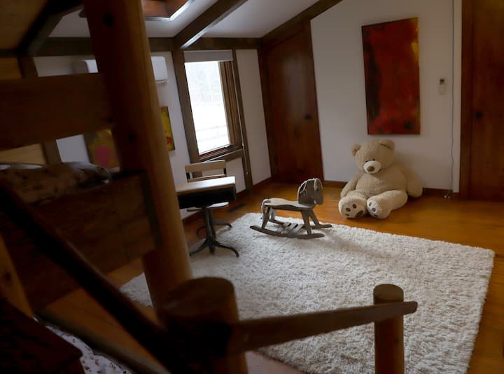 تحتوي غرفة الطابق السفلي "المكونة من طابقين" على بعض ألعاب الأطفال من الدرجة الأولى....