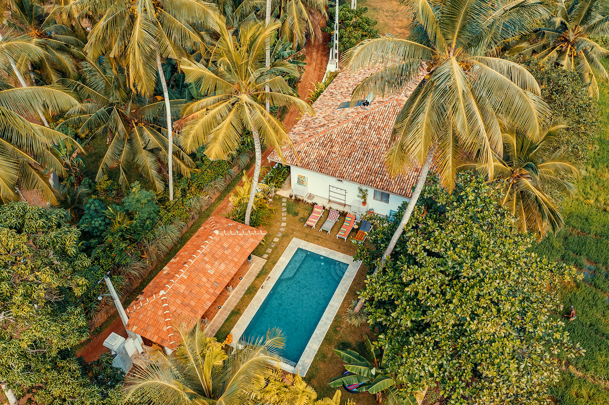 An aerial view of a charming apartment surrounded by lush palm trees, featuring a private swimming pool in the center. The terracotta roof complements the greenery, while lounge chairs are positioned near the pool for relaxation.