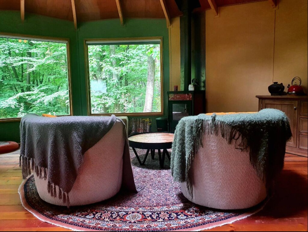 Two comfortable, rounded chairs are positioned around a central circular table. Soft blankets drape over the chairs, adding texture to the seating. Large windows frame a view of the lush green forest outside, while a decorative rug complements the warm wooden flooring.
