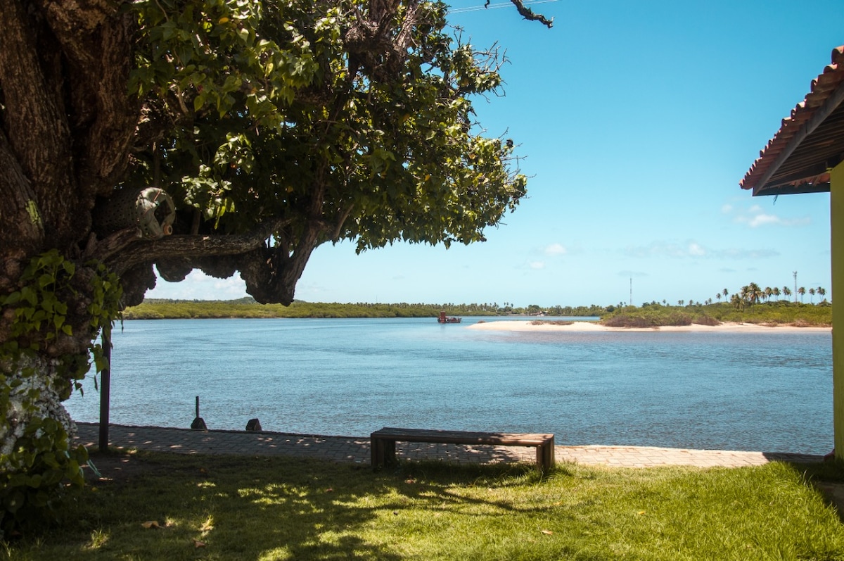 A serene view of a river bordered by lush greenery, capturing a tranquil atmosphere. A large tree offers shade beside a simple wooden bench. The calm water reflects the clear blue sky, while a boat is visible in the distance, enhancing the peaceful scene.