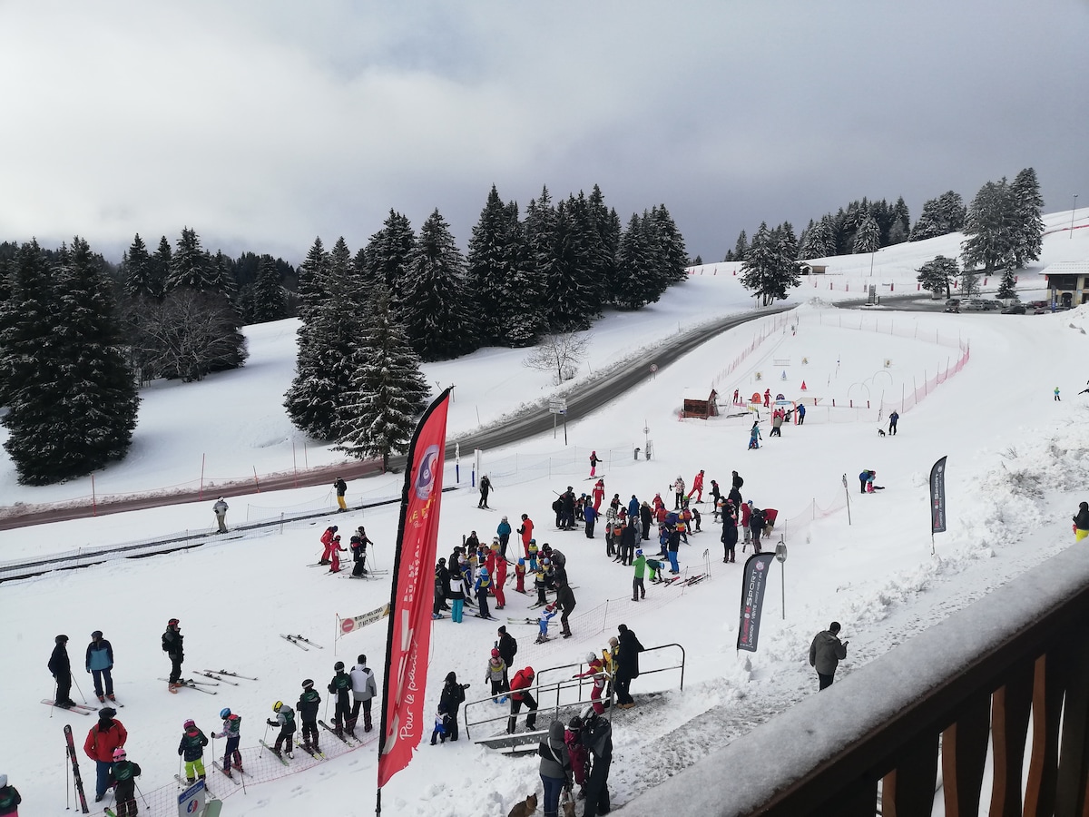 A busy ski resort scene is displayed with people engaging in various winter sports. Snow-covered slopes are lined with trees, and ski instructors guide eager learners. Colorful banners and flags are positioned throughout the space, contributing to the lively atmosphere.