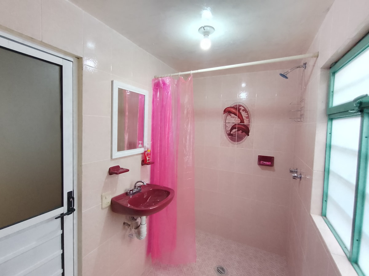 A well-lit bathroom features pink tiled walls and a frosted glass window, providing privacy and natural light. A sink with a matching countertop complements the space, while a shower area is enclosed by a sheer pink curtain. A decorative flamingo design adds a playful touch.