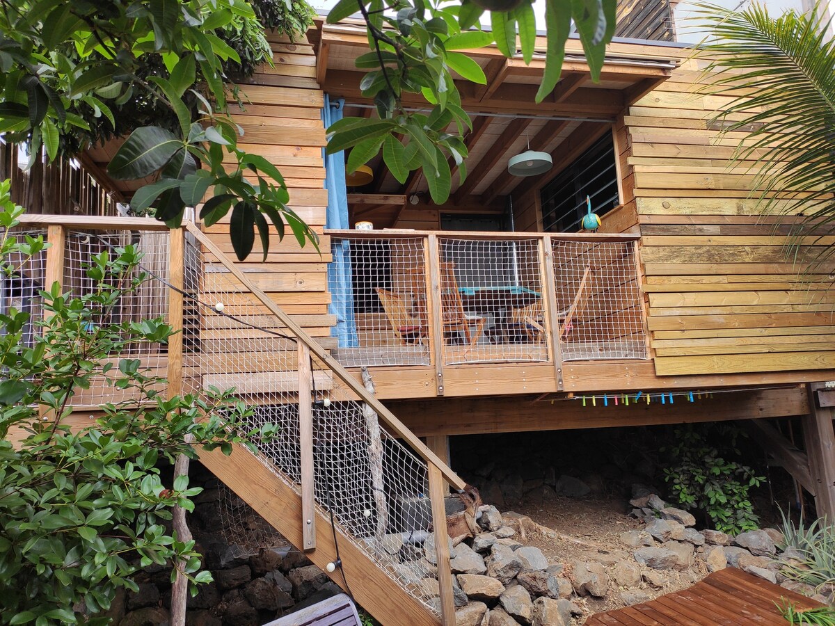 The exterior of a wooden bungalow is presented, featuring a wraparound deck accessed by a staircase. Outdoor seating is visible, surrounded by tropical plants and trees. The natural wood finish of the structure complements the garden setting, creating a serene atmosphere.