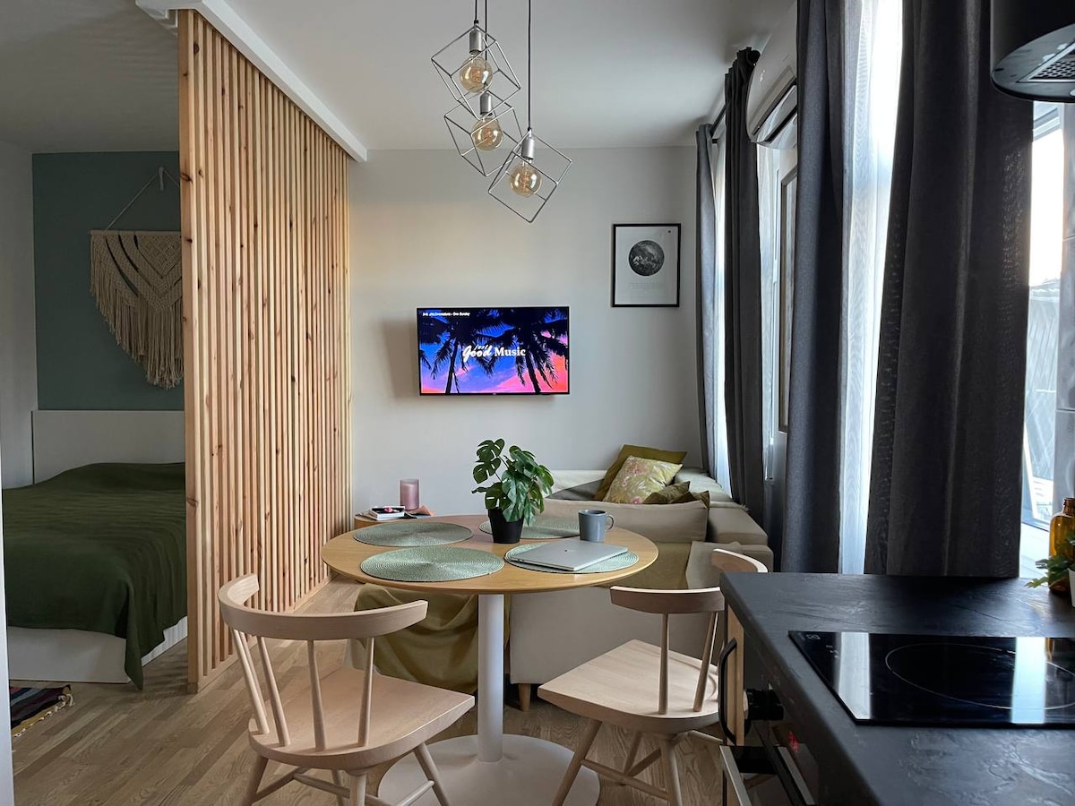 A cozy living area is depicted, featuring a round dining table with two wooden chairs, a small plant center, and a comfortable sofa. A wall-mounted television displays vibrant visuals. A wooden partition separates the living space from the sleeping area, contributing to a sense of privacy.