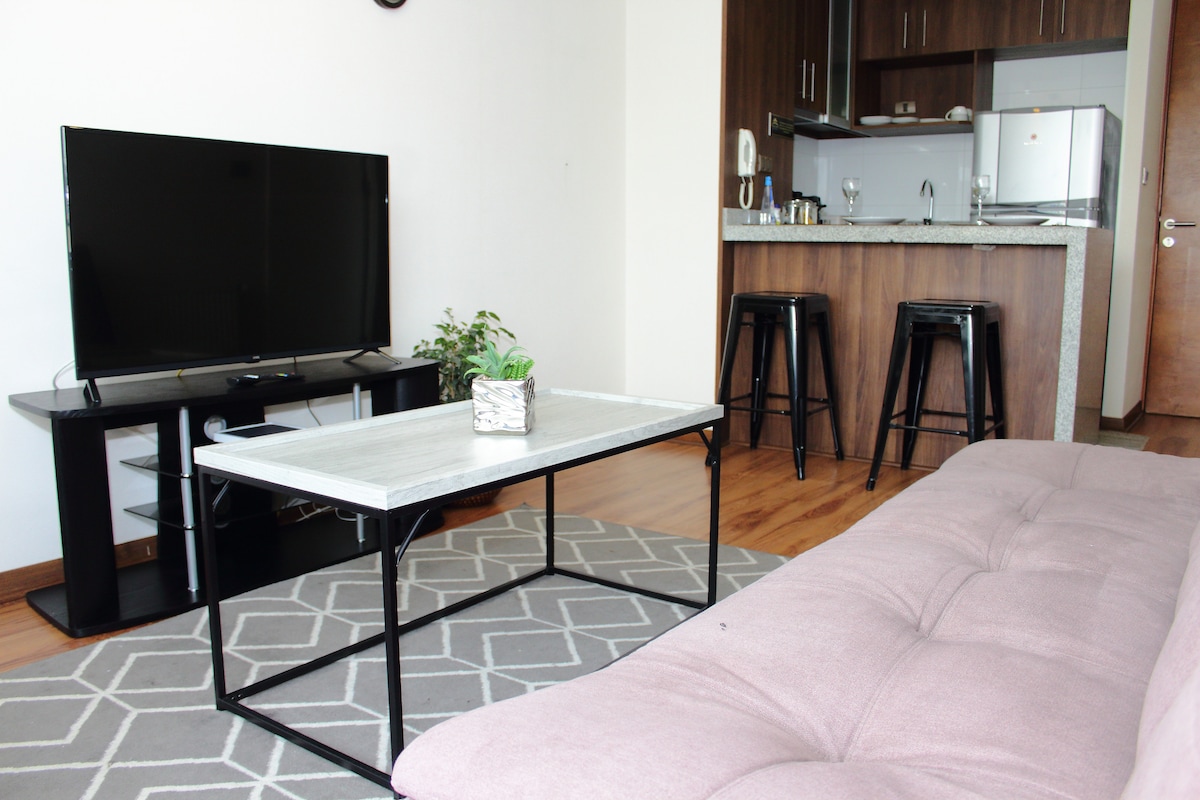 A contemporary living area features a spacious pink sofa, a sleek marble-top coffee table, and a large flat-screen television. The open kitchen area, equipped with modern appliances, is visible in the background, enhancing the functional layout of the space.