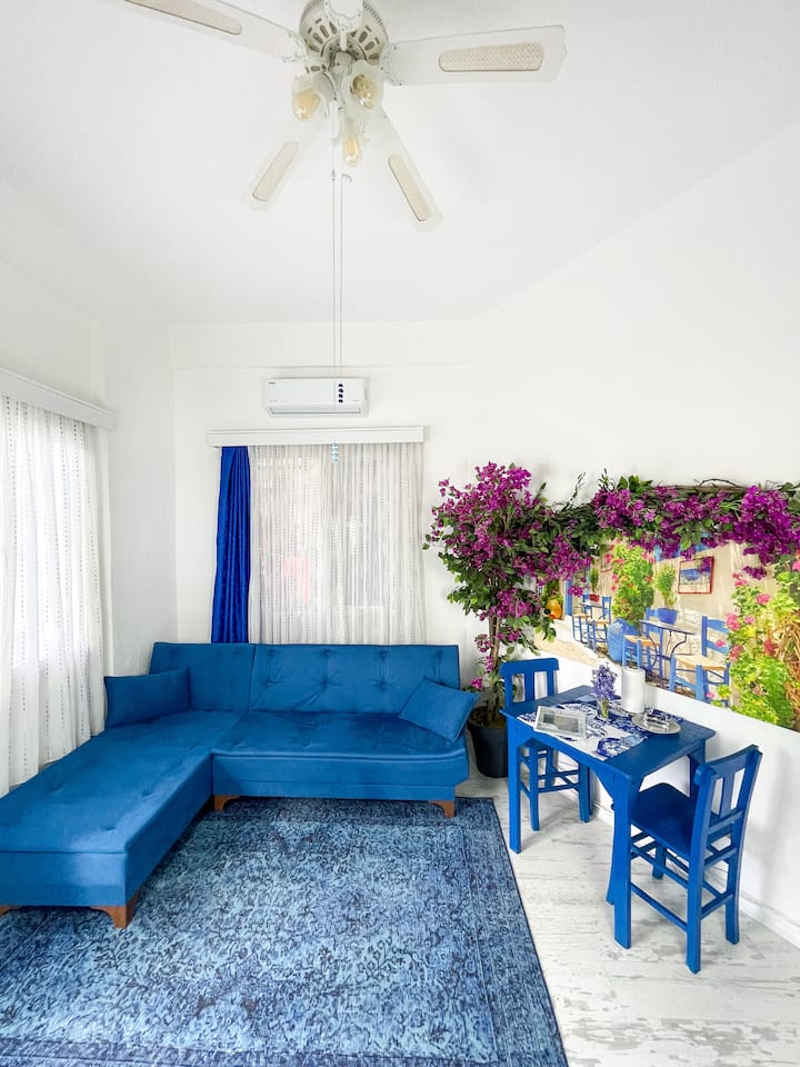 Შეაბიჯეთ ჩვენს მომხიბვლელ მისაღებ ოთახში, რომელიც მორთულია ლამაზი ლურჯი ბერძნული სტილის ტახტით და მყუდრო ტავერნა სტილში 

Უფრო თბილ დღეებში ისიამოვნეთ გამაგრილებელი ნიავით ჭერიდან ვენტილატორიდან ან აირჩიეთ კონდიციონერი, რომ გაგრილდეთ და კომფორტულად იგრძნოთ თავი.