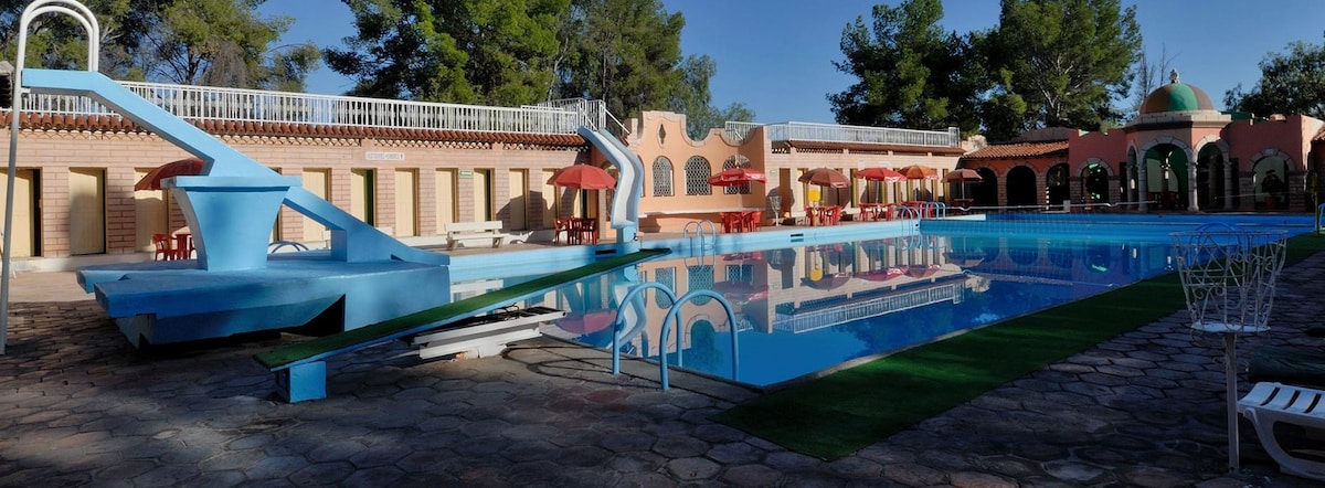 A spacious outdoor pool area is featured, bordered by a sunbathing area with red umbrellas and loungers. A diving board is visible on one side of the pool, which reflects clear blue skies and surrounding greenery.