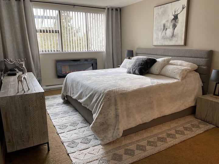 Main Bedroom is private from the rest of the unit.  Enjoy the fire, private tv and bathroom with a bathtub.