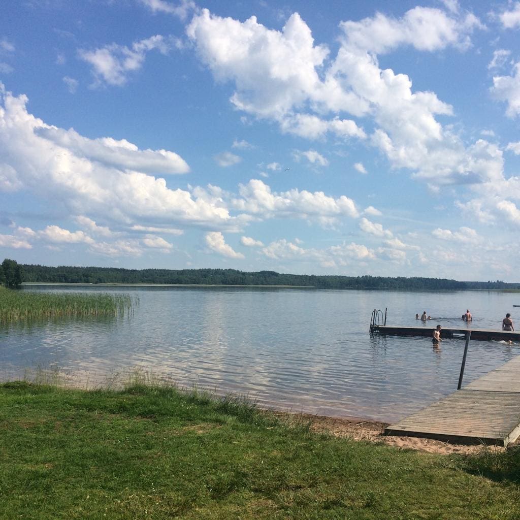 A tranquil lake scene is presented, with clear water reflecting the sky and surrounded by lush greenery. A wooden dock extends into the water, where people can be seen enjoying the sunny day. Soft clouds drift across the blue sky, enhancing the serene landscape.