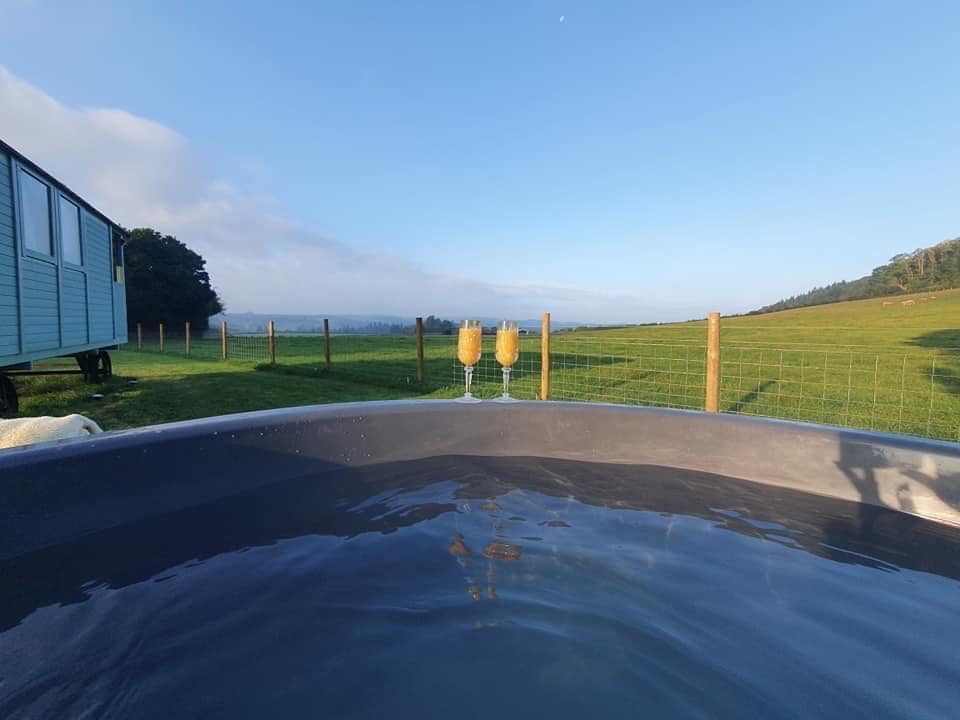 A wood-fired hot tub is shown, filled with water, with two glasses on the edge. A serene rural landscape is visible in the background, featuring green fields and a blue sky.