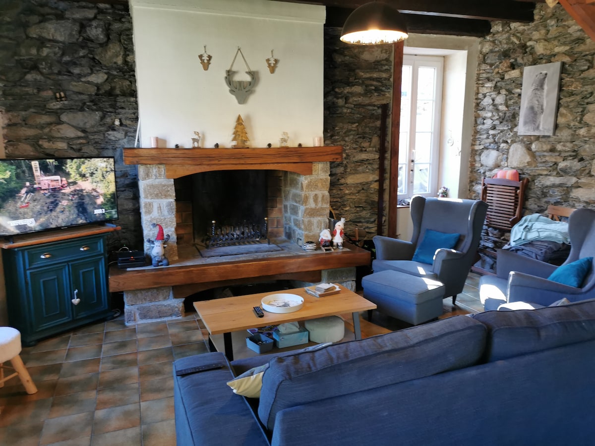 A living area features a stone fireplace as a focal point, surrounded by two armchairs and a spacious sofa. A wooden coffee table is set with dishes. A television is positioned on a blue cabinet, while natural light enters through a window.