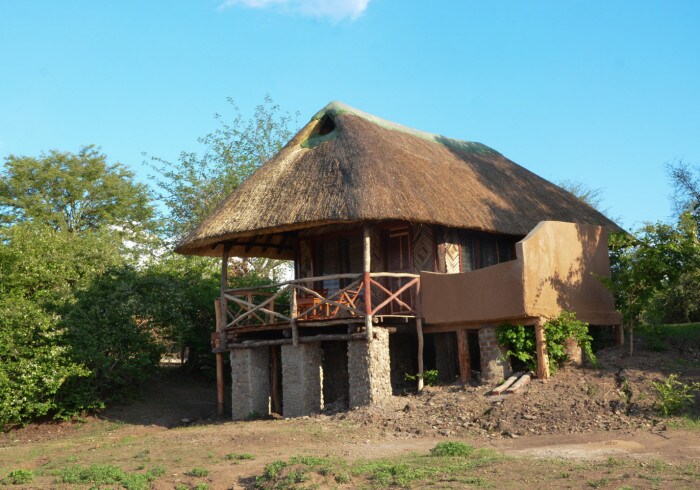 A charming safari lodge is nestled amidst lush greenery, featuring a thatched roof and wooden balcony. Earthy tones compose the structure, while supportive stone pillars elevate it slightly above the ground, blending harmoniously with the natural surroundings.
