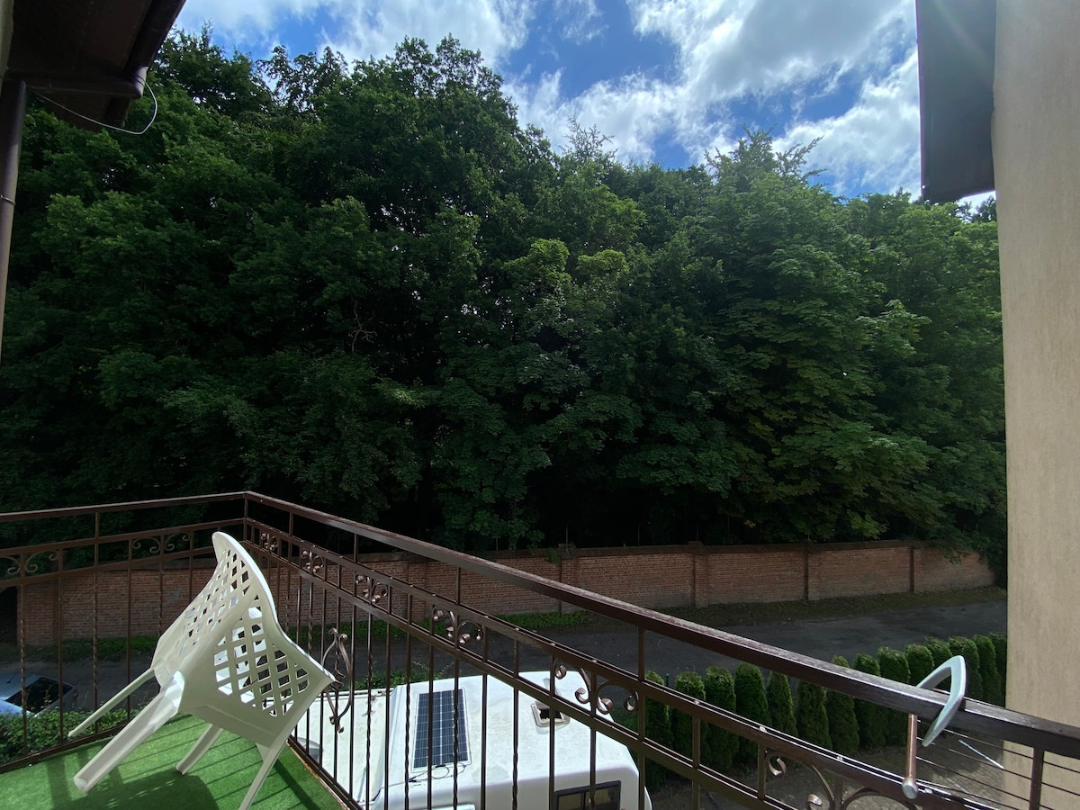 A balcony view showcases lush green trees, providing a serene backdrop. The railing is visible, as well as a white chair positioned on the balcony. The sky is partially cloudy, allowing for natural light to illuminate the scene.