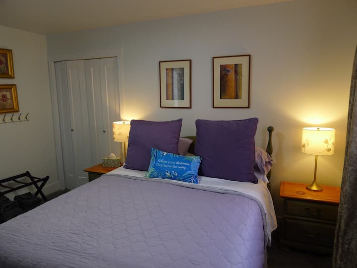 سرير بحجم كوين وخزانة كبيرة وتلفزيون يتضمن Netflix وPrime.