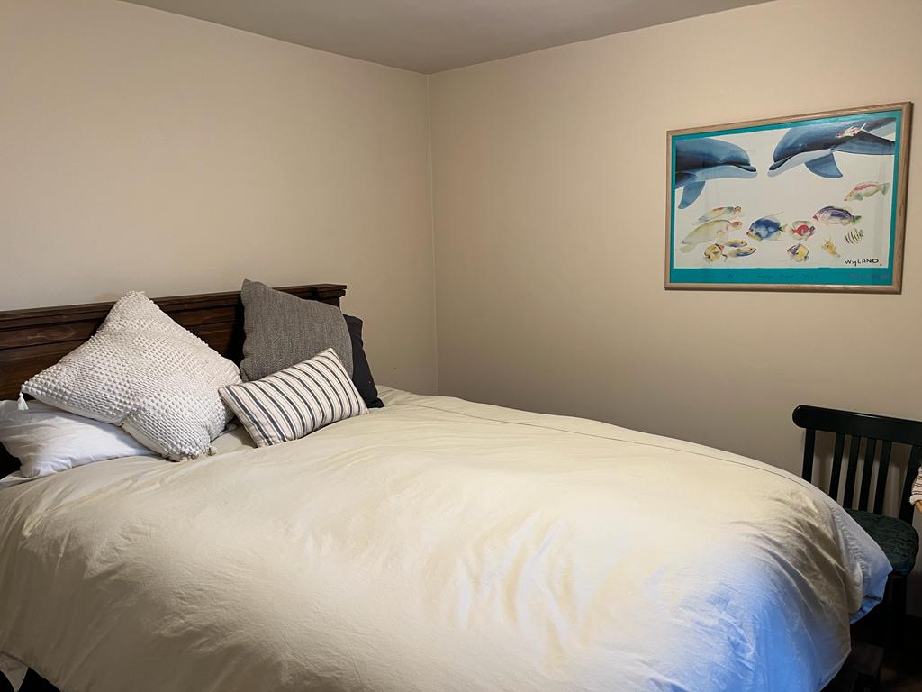 A cozy sleeping area is featured, showcasing a spacious bed topped with soft pillows and a light-colored duvet. A framed artwork of dolphins and fish adorns the wall, adding a splash of color. A chair is positioned nearby, creating a comfortable atmosphere.