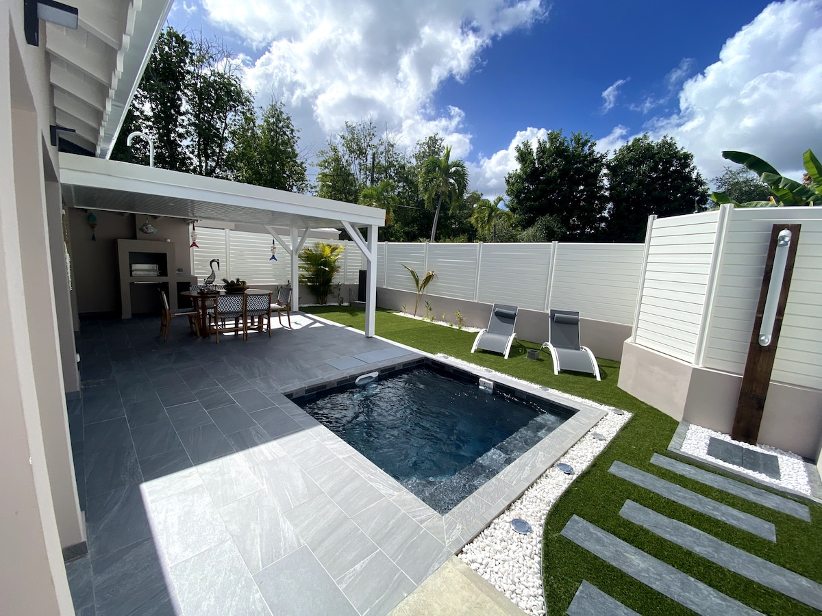 An outdoor space features a small pool surrounded by sleek tiles and decorative stones. A dining area with a wooden table and six chairs sits under a shaded pergola. Two lounge chairs are positioned nearby, with lush greenery and palm trees enhancing the serene atmosphere.
