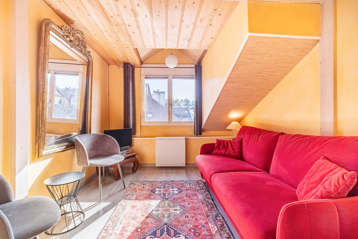The cozy living room features vibrant orange walls and wooden paneled ceilings. A large pink sofa is positioned beside a statement mirror. A small TV and elegant side chair complement the space, which is illuminated by natural light from a nearby window.