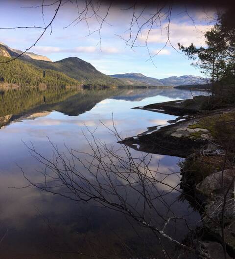 Popular Airbnb listing: Cabin by the water. Hiking, Fishing, Swimming, Alpine, Golf in Kviteseid