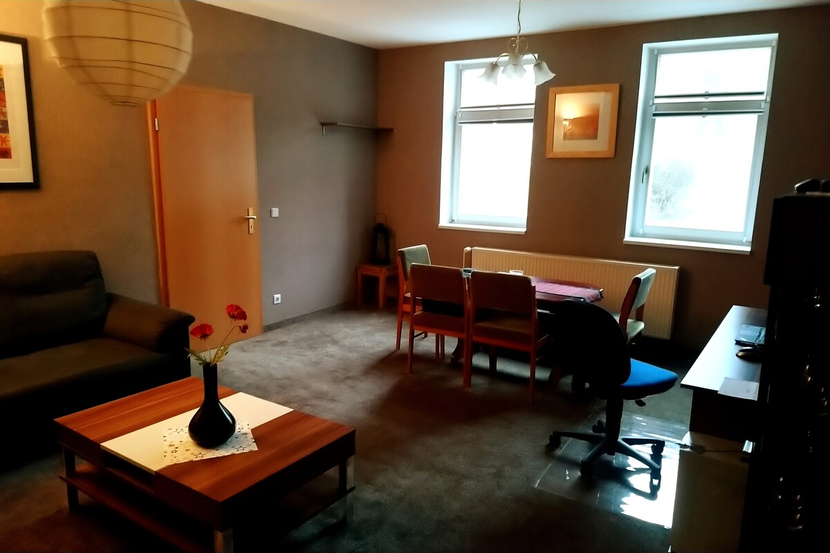 A living area features a seating arrangement with a dark sofa and a dining table surrounded by chairs. Natural light filters through two windows, illuminating the warm-colored walls. A coffee table with a vase of flowers is positioned at the center, adding a touch of comfort.