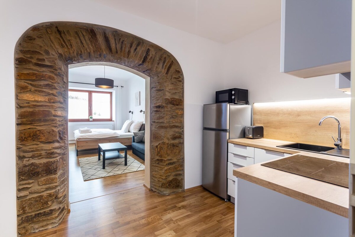 An open space is revealed through a stone-archway, leading to a bedroom area furnished with a spacious bed and a comfortable sofa. Modern kitchen appliances are neatly arranged, with wooden countertops providing a warm touch to the overall layout.