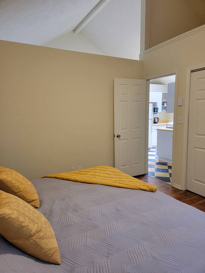 Bedroom looking onto the kitchen. Vaulted ceilings and open concept.