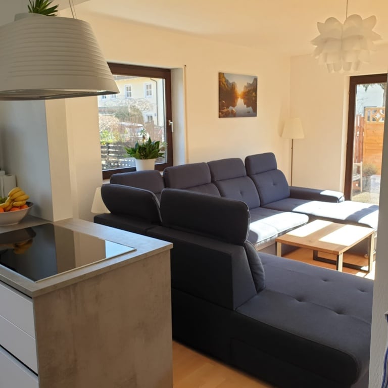 A comfortable living area is visible, featuring a dark sectional sofa paired with light wooden coffee tables. Natural light enters through large windows, illuminating the space. A modern pendant light hangs above the seating area, and a small kitchen counter with a fruit bowl is nearby.