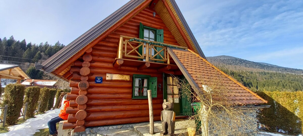 A charming wooden cottage is depicted, featuring a sloped roof and a balcony adorned with green shutters. The entrance is framed by natural wood accents, while the surrounding landscape includes trees and distant hills, providing a serene backdrop.
