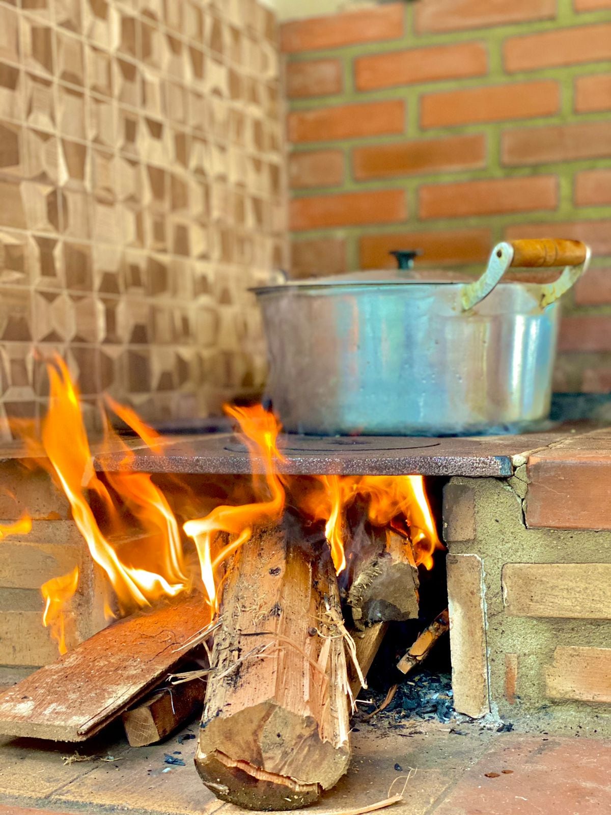 A traditional wood-burning stove is featured, with flames rising from the burning logs beneath a flat cooking surface. A silver pot rests on top, reflecting the warm glow of the fire. The brick wall adds texture and rustic charm to the setting.