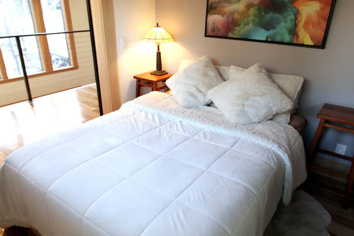 Gostinjska soba ima udoban bračni krevet i pogled na južno noćno nebo.