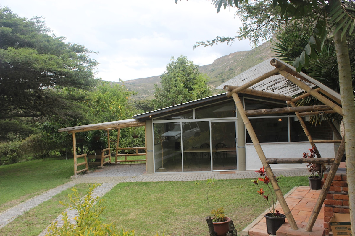 A spacious outdoor area features a modern, glass-fronted structure surrounded by lush greenery and mountains in the background. A wooden pergola adds shade, while a pathway made of stone leads to the entrance. Potted plants and a well-maintained lawn enhance the natural setting.