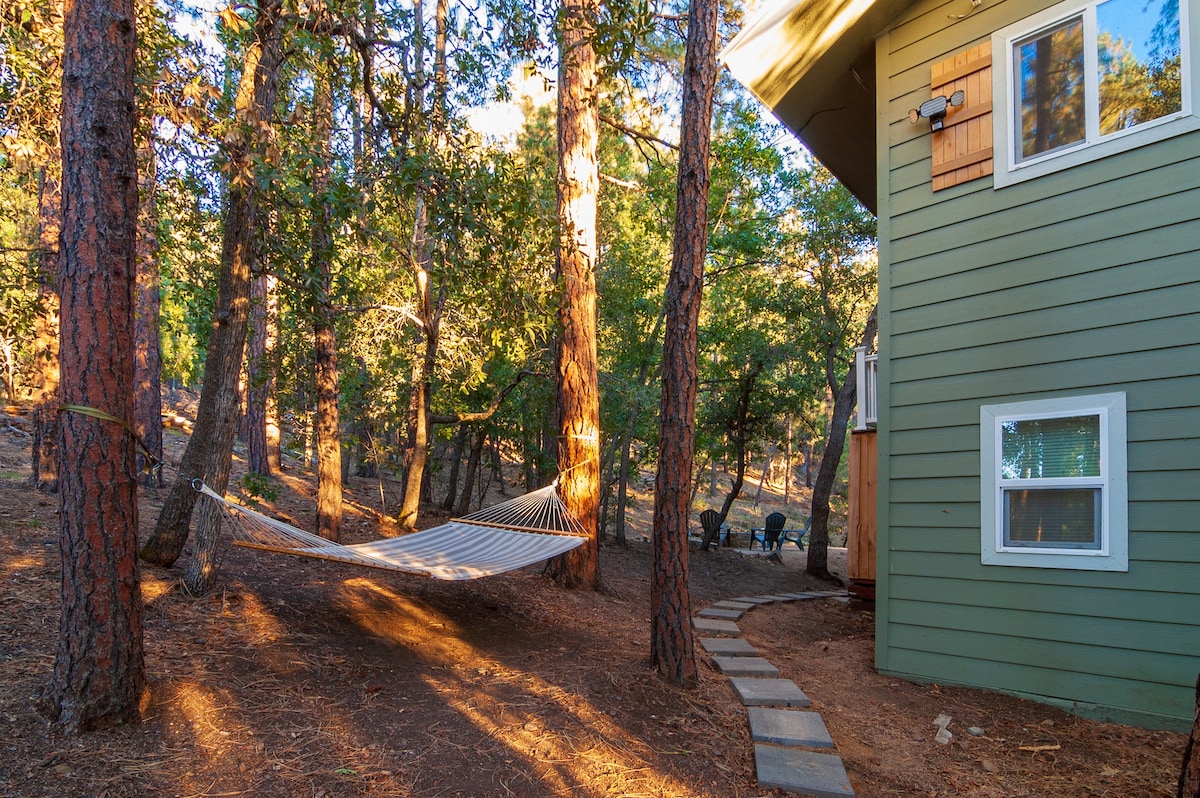 The image captures a shaded area next to a modern cabin, featuring a hammock suspended between tall pine trees. A stone pathway leads towards outdoor seating arrangements in the background, highlighting the natural setting and peaceful surroundings.