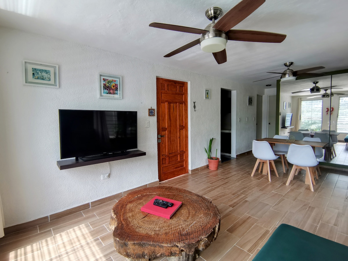 A light-filled living area features a wooden coffee table, a large flat-screen television mounted on the wall, and a decorative plant. Modern dining chairs surround a table in the background, while natural light illuminates the inviting space.