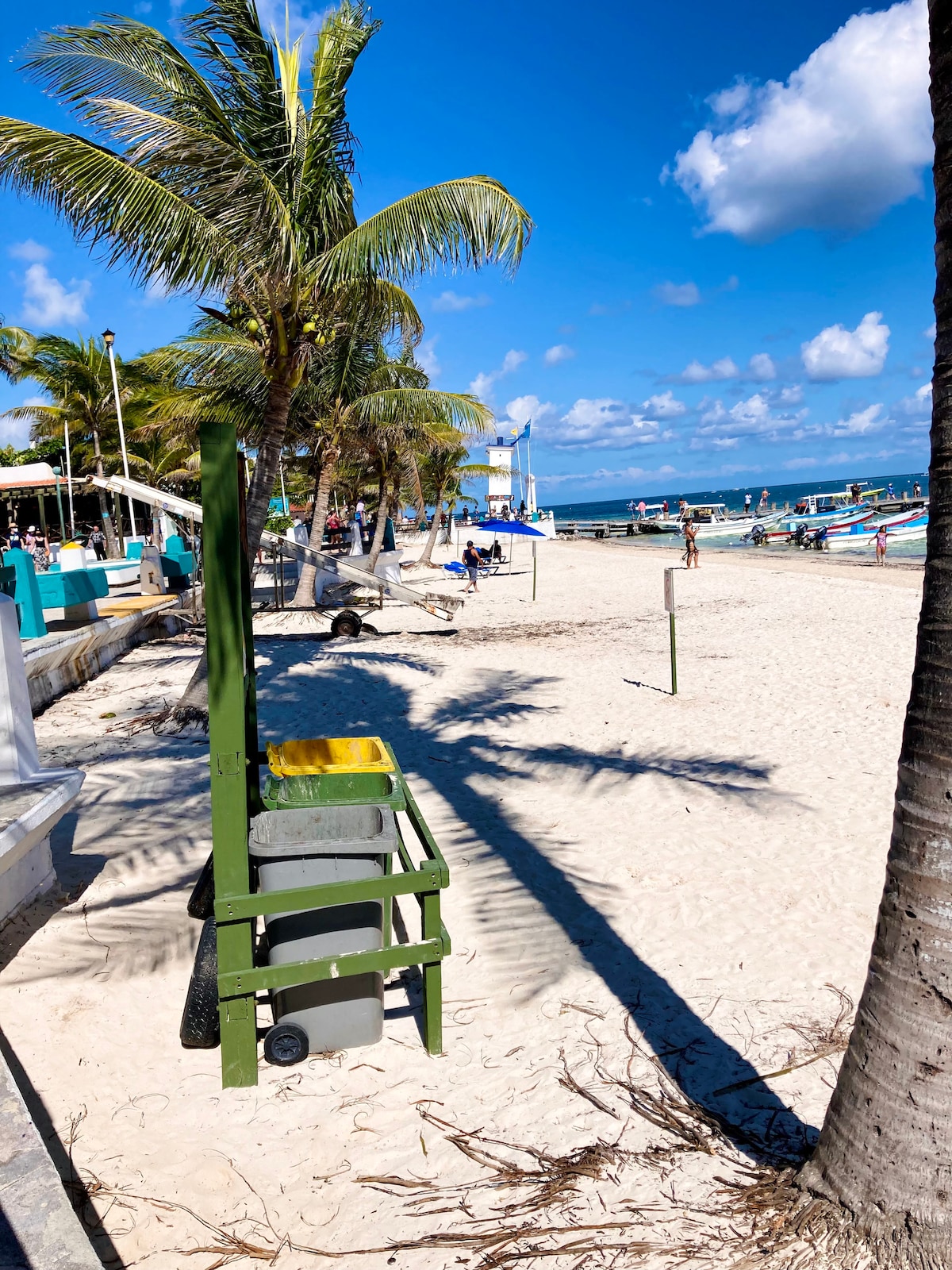 A sandy beach is observed, featuring clear blue skies and scattered palm trees. Beachgoers can be seen enjoying the sun, while a green trash bin stands along the sandy path. In the background, umbrellas and beach chairs are set up near the shore.