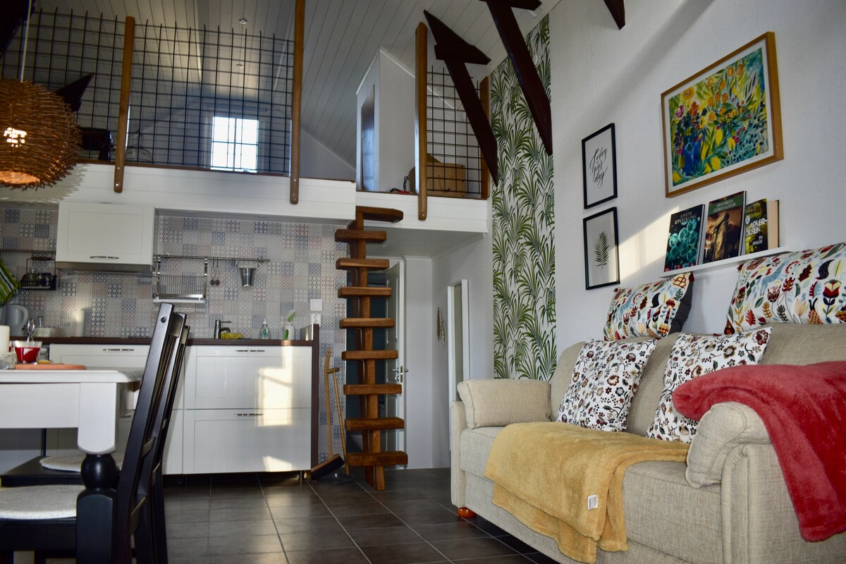 An open-plan living area showcases a cozy sofa adorned with patterned cushions and a vibrant throw. A wooden dining table is visible, complemented by the kitchen's modern fixtures. A ladder leads to the loft area. Artwork decorates the walls, enhancing the home's aesthetic.