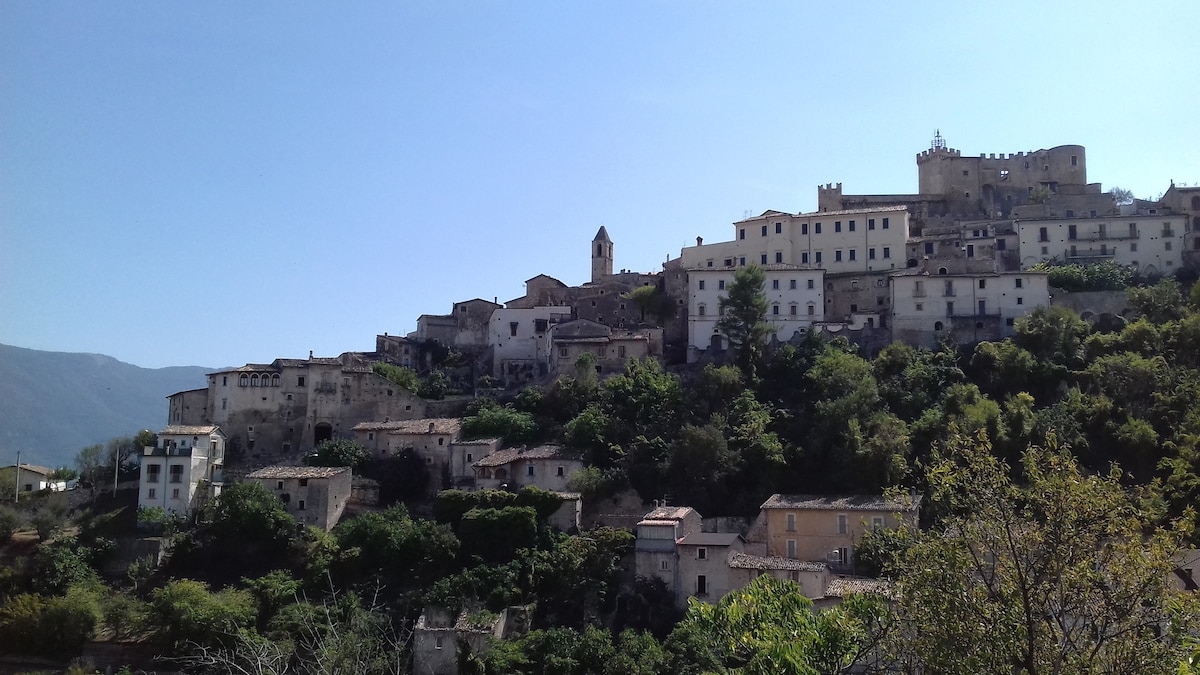 A hillside view reveals Capestrano's historical centre, with a mix of stone and stucco buildings. A prominent castle overlooks the landscape, while lush greenery surrounds the structures. The clear blue sky provides a bright backdrop to the scene.
