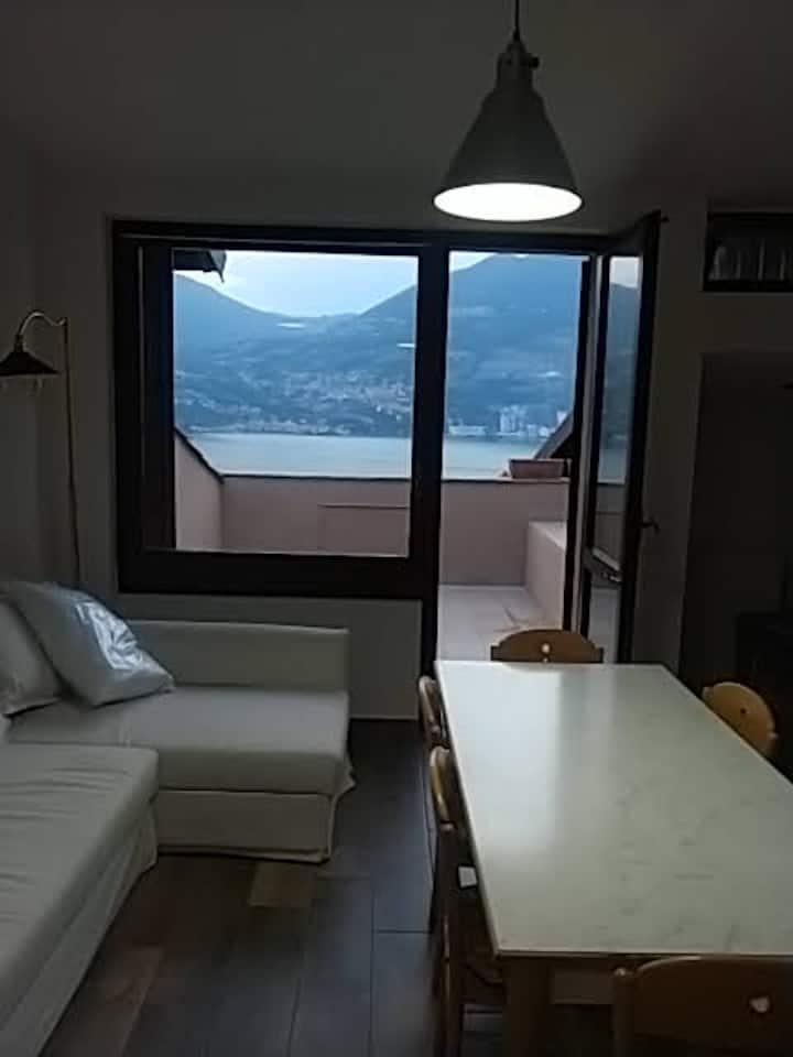 客厅配有沙发床和桌子，可欣赏独家湖景