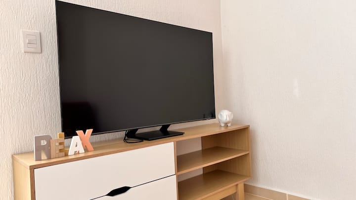 Მისაღები ოთახი - აღჭურვილია კონდიციონერით, 55 სმარტ-ტელევიზორით Netflix-ით და გასაშლელი დივნით