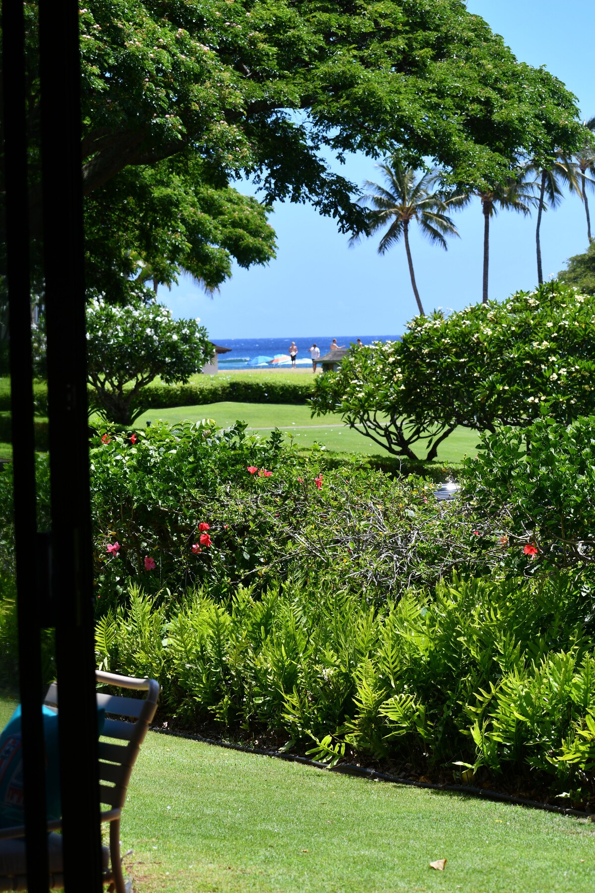 A view from the unit showcases a lush green lawn with tropical plants and colorful flowers. In the distance, the ocean is visible, bordered by palm trees and guests strolling along the walkway, creating a serene outdoor ambiance.