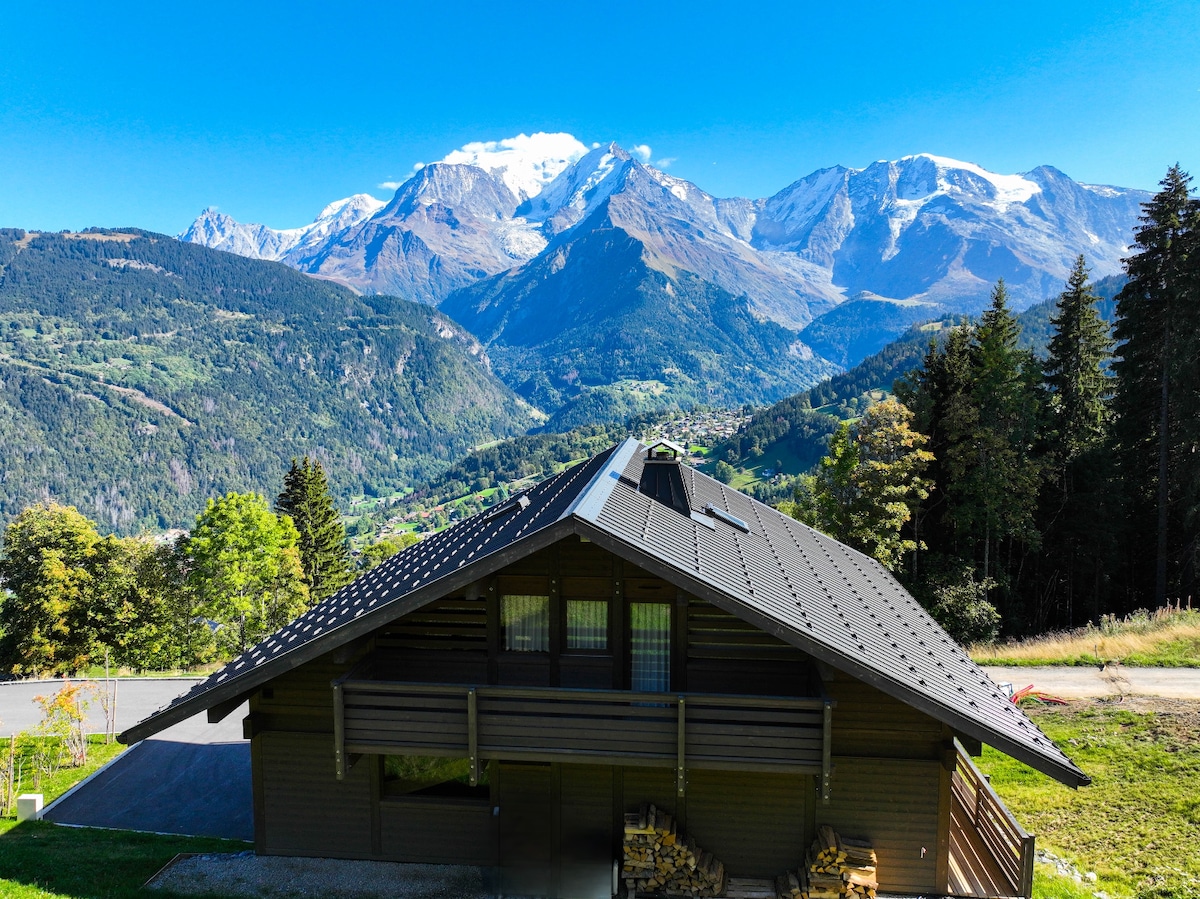 The exterior of the chalet is showcased against a backdrop of majestic mountains, including Mont Blanc. Surrounded by lush greenery, the structure features a sloped roof and large windows, offering stunning views of the mountainous landscape.