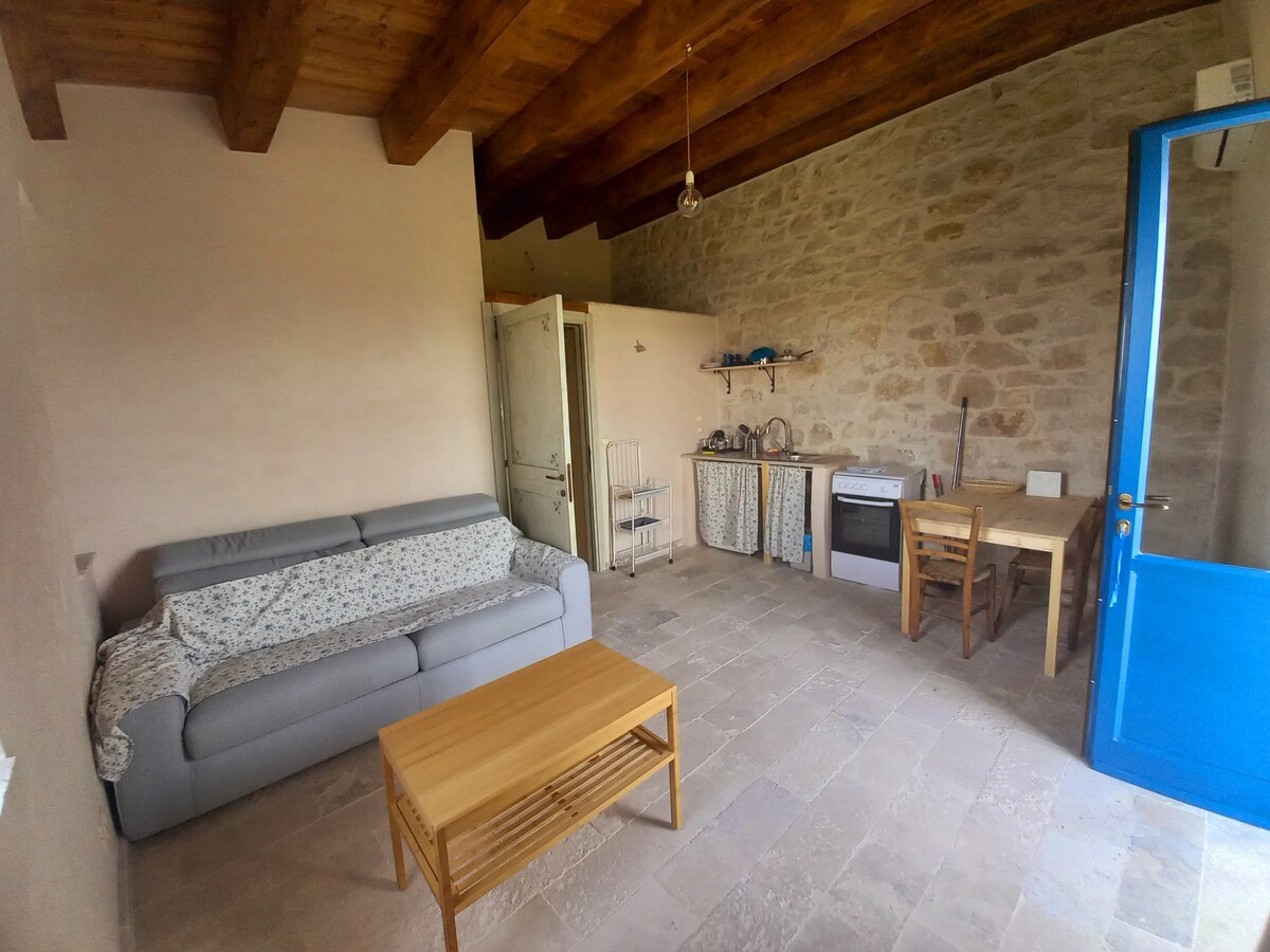 A cozy living area features exposed stone walls and wooden beams. A soft sofa is positioned in front of a light wooden coffee table. A small dining table is set nearby, and kitchen amenities are visible in the background, inviting a comfortable stay.