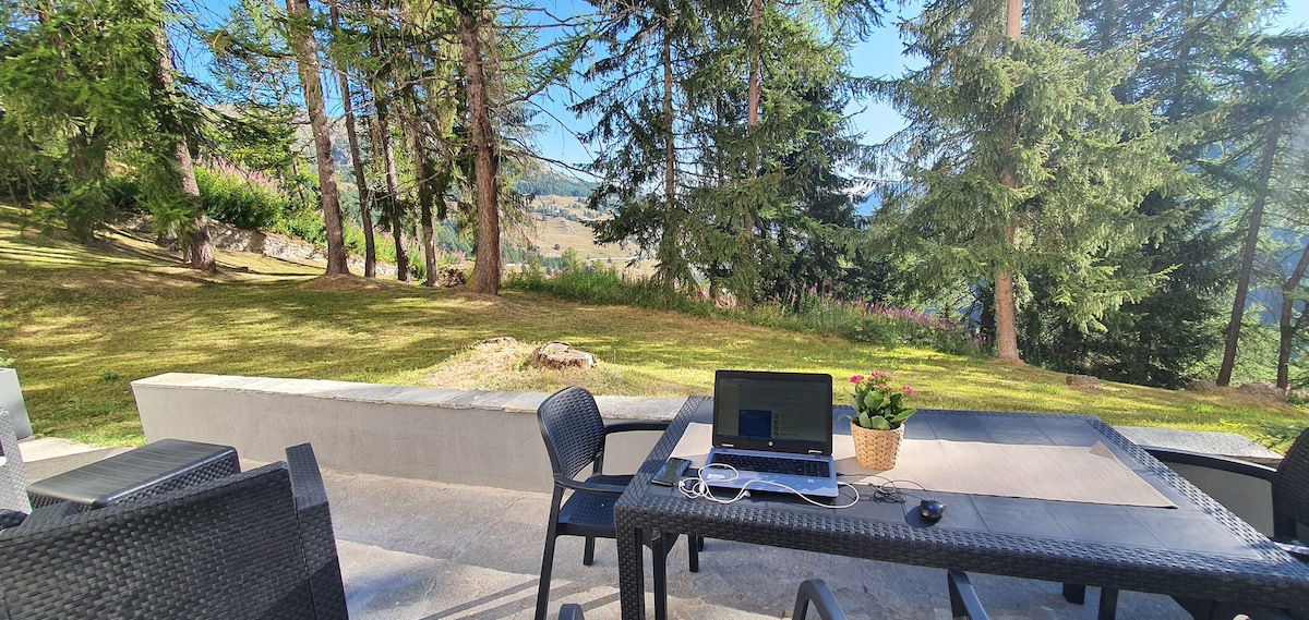 An outdoor terrace is shown with a table and chairs, overlooking a green landscape dotted with trees. A laptop and small potted plant are on the table, highlighting the peaceful setting ideal for relaxation or working outside.