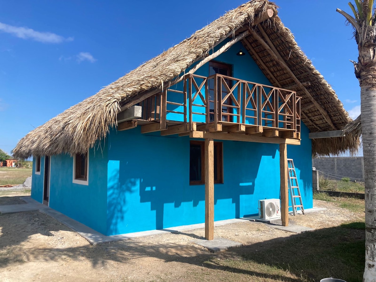 A vibrant blue bungalow with a thatched roof is depicted. A wooden balcony extends from the upper level, supported by sturdy beams. Lush greenery and a ladder are visible nearby, complementing the outdoor setting.