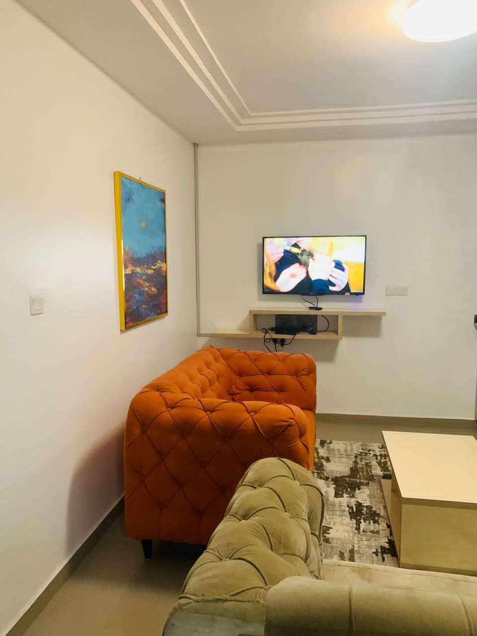 A furnished living room features a vibrant orange couch alongside a soft beige couch. A light-colored coffee table is positioned in front of the seating area. A wall-mounted 43'' smart TV displays content, with a colorful piece of artwork decorating the wall.