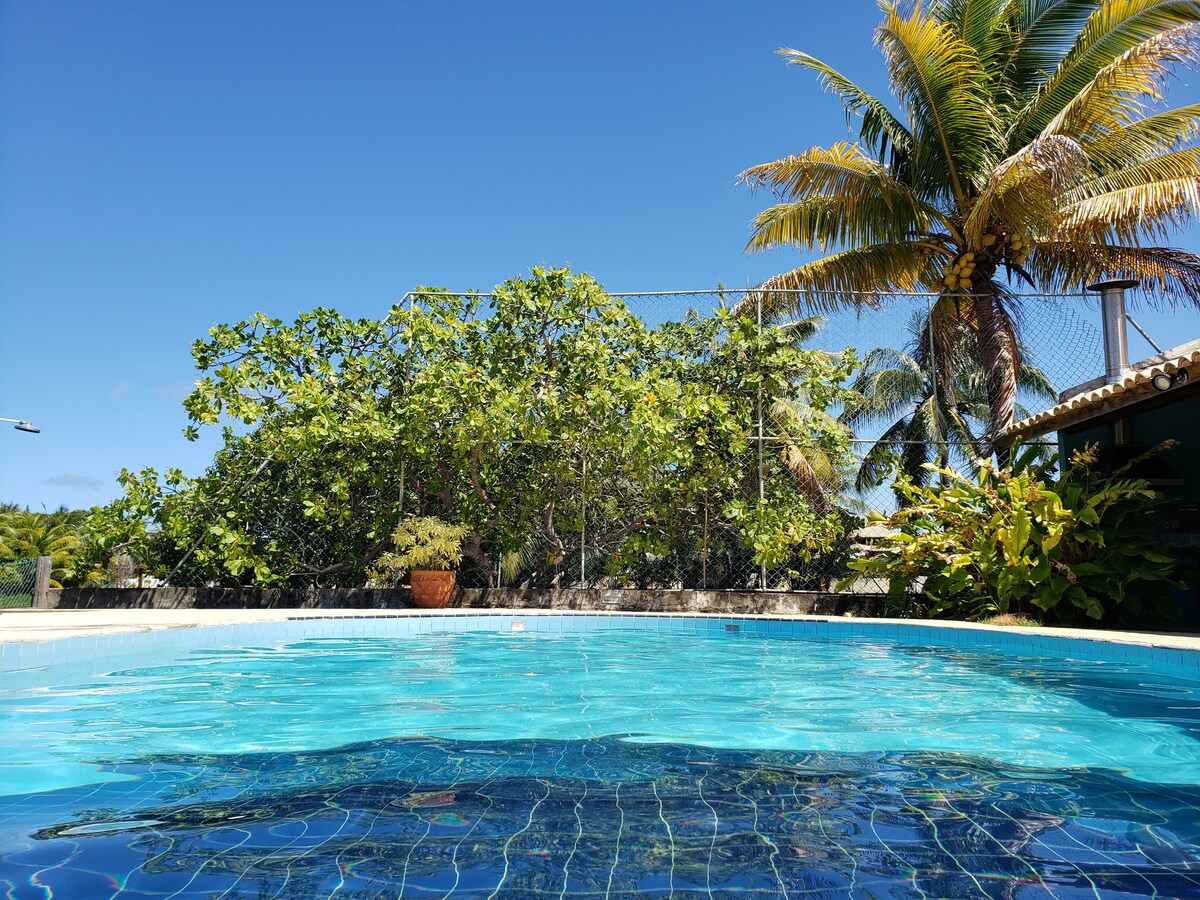 A sparkling swimming pool reflects the clear blue sky, surrounded by lush greenery and palm trees. The tranquil water invites relaxation, while a fence provides privacy. Pots with plants are placed along the perimeter, enhancing the natural setting.