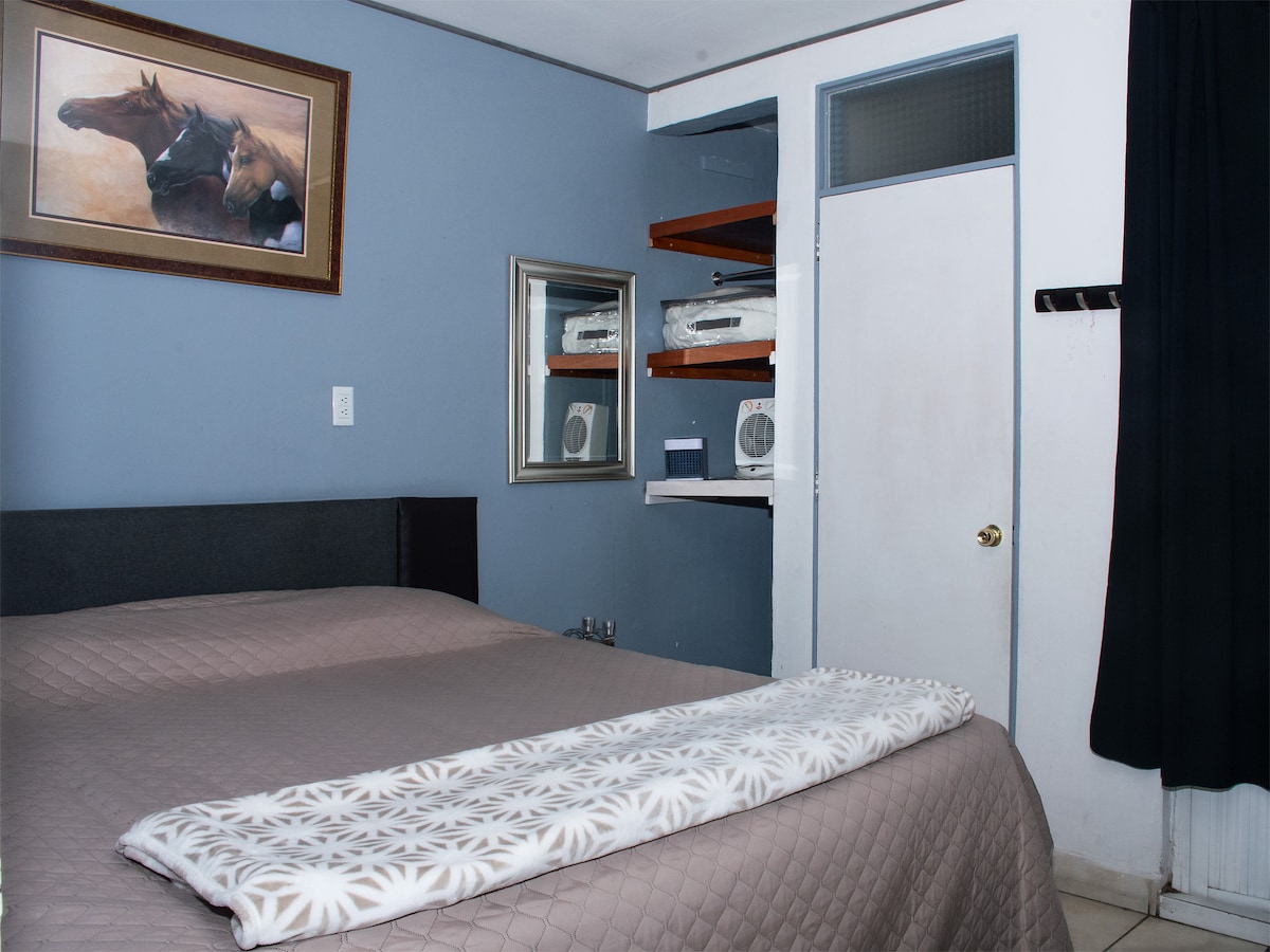 mlango wa chumba kikuu cha kulala chenye bafu lake na kabati dogo. 