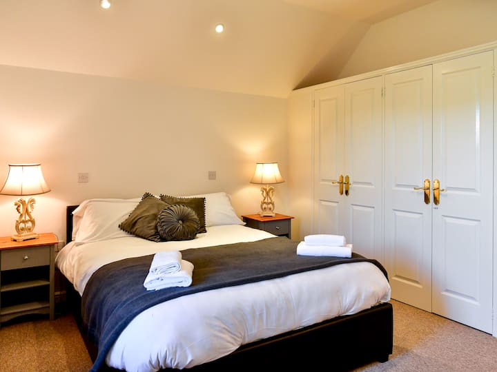 Დიდი დიდი საწოლი ლურჯი გდების თამამი ბალიშებითა და ლუქს-კლასის თეთრეულით.