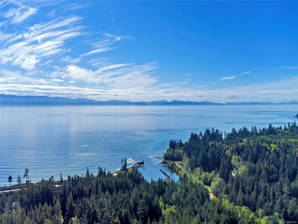 A panoramic view captures the tranquil waters of the Straits reflecting the sky, bordered by a lush green forest. The coastline curves gently, showcasing sandy beaches and rocky inlets, with distant mountain ranges visible on the horizon under a clear blue sky.