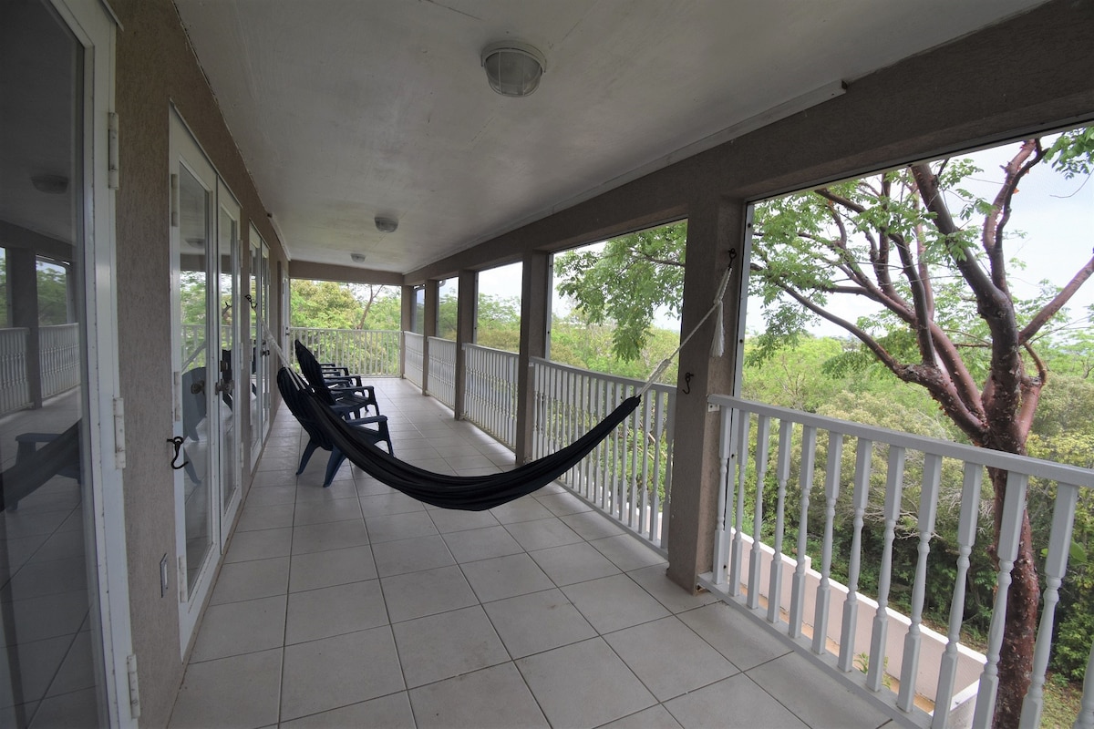 A spacious porch is viewed, featuring a hammock and several blue chairs. Large glass doors provide access to interior spaces, while a railing lines the edge, allowing for views of the surrounding greenery and trees.