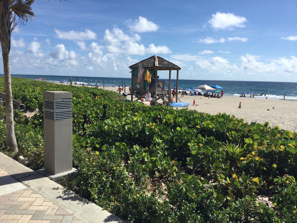 A beach scene is depicted with golden sand and gentle waves under a bright blue sky. A small beach hut is shown, adorned with flags, while beach umbrellas dot the shoreline. Lush green foliage frames the foreground, enhancing the coastal ambiance.
