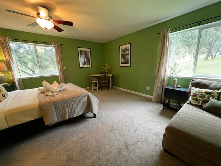 Downstairs master bedroom. Queen bed, lounge and work areas.
